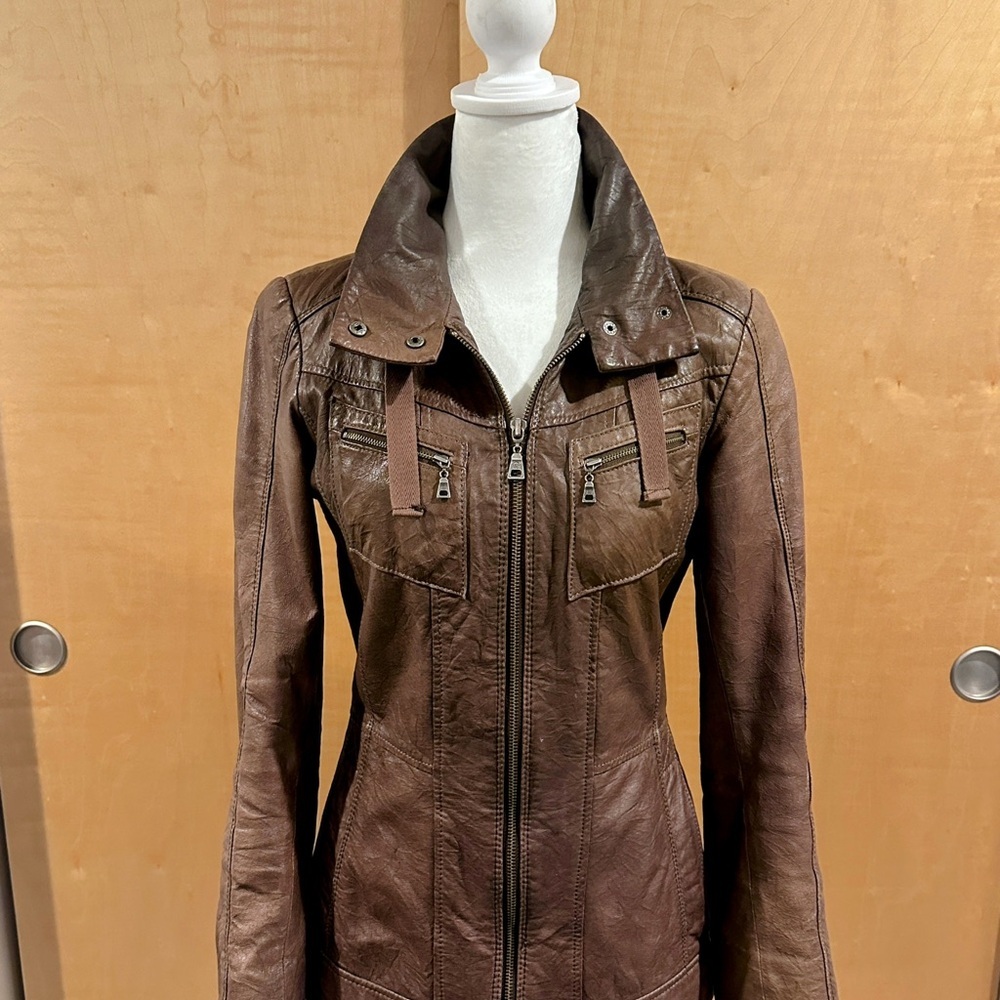 Danier Brown Leather Jacket with Zipper Closure (XXS)